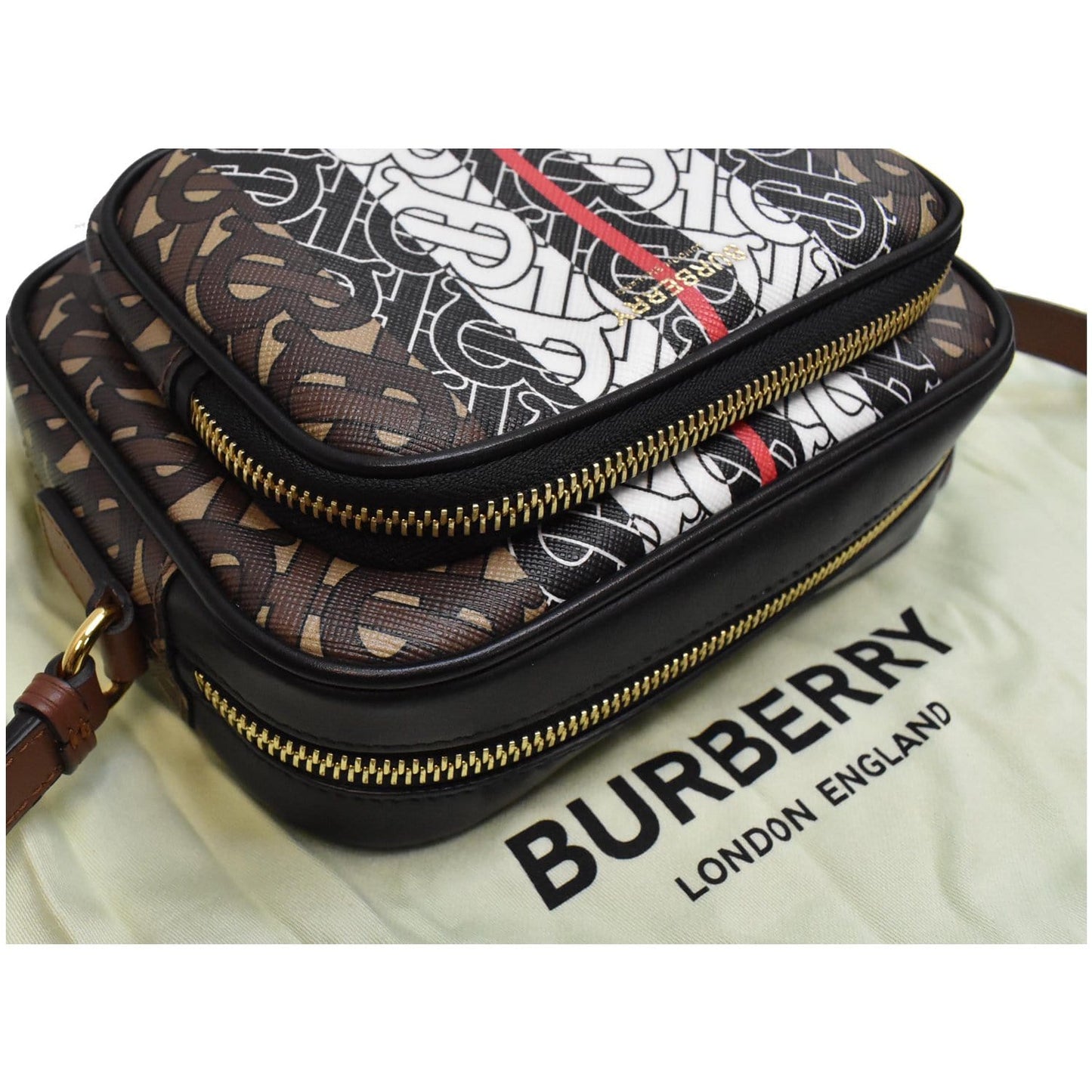 BURBERRY Bridle Stripe Small Monogram E-Canvas Camera Bag Brown
