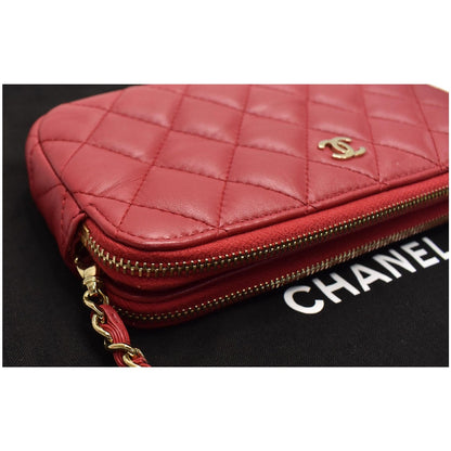 CHANEL Double Zip Wallet On Chain WOC Lambskin Shoulder Bag Red