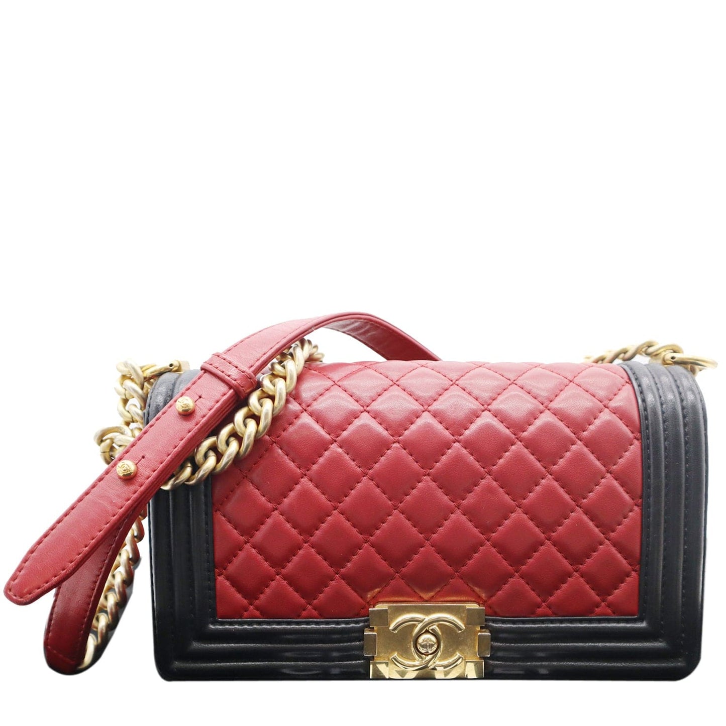 CHANEL Medium Boy Quilted Lambskin Leather Shoulder Bag Black/Red