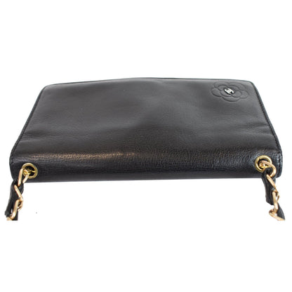 CHANEL Camellia Leather Wallet on Chain Shoulder Bag Black