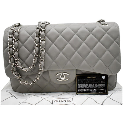 CHANEL Classic Jumbo Double Flap Lambskin Leather Shoulder Bag Grey