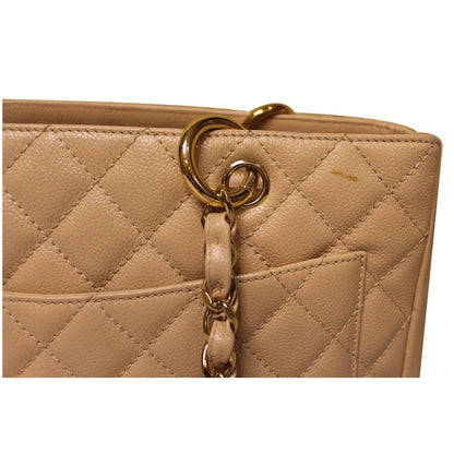 CHANEL Grand Shopping Caviar Leather Tote Shoulder Bag Beige