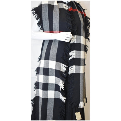 BURBERRY Half Mega Check Fringe Wool Scarf Black