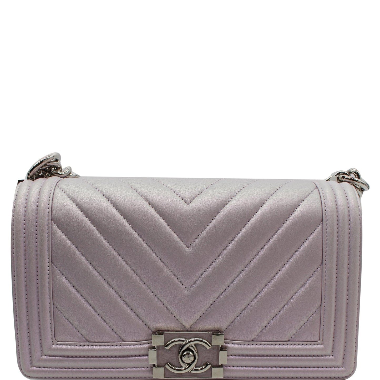 CHANEL Medium Boy Flap Chevron Leather Shoulder Bag Iridescent Lilac