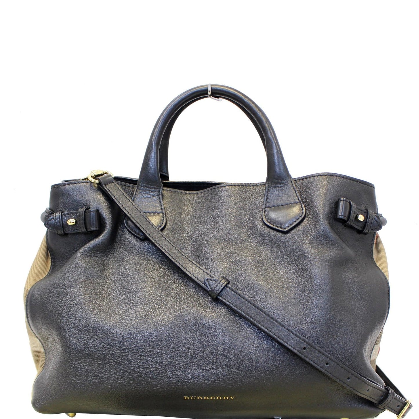 BURBERRY Black Calf Leather House Check Medium Banner Tote Bag