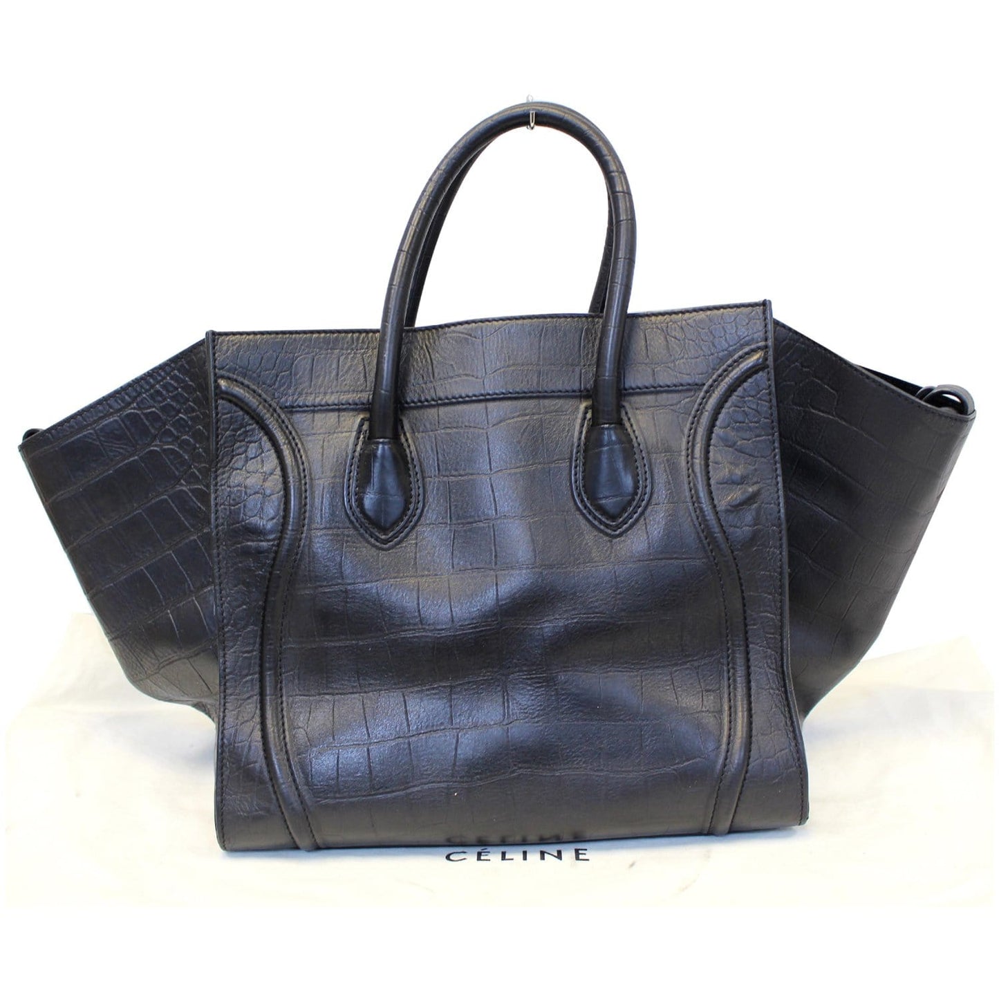 CELINE Medium Phantom Luggage Croc Stamped Embossed Leather Tote Bag Black