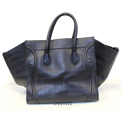 CELINE Medium Phantom Luggage Croc Stamped Embossed Leather Tote Bag Black