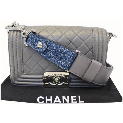 CHANEL Boy Flap with Stingray Lambskin Shoulder Bag Silver
