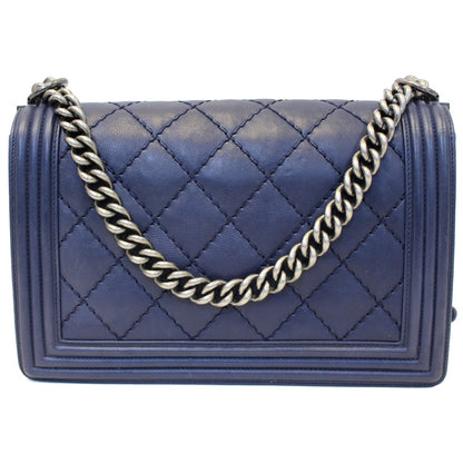CHANEL New Medium Boy Flap Calfskin Double Stitch Shoulder Bag Navy