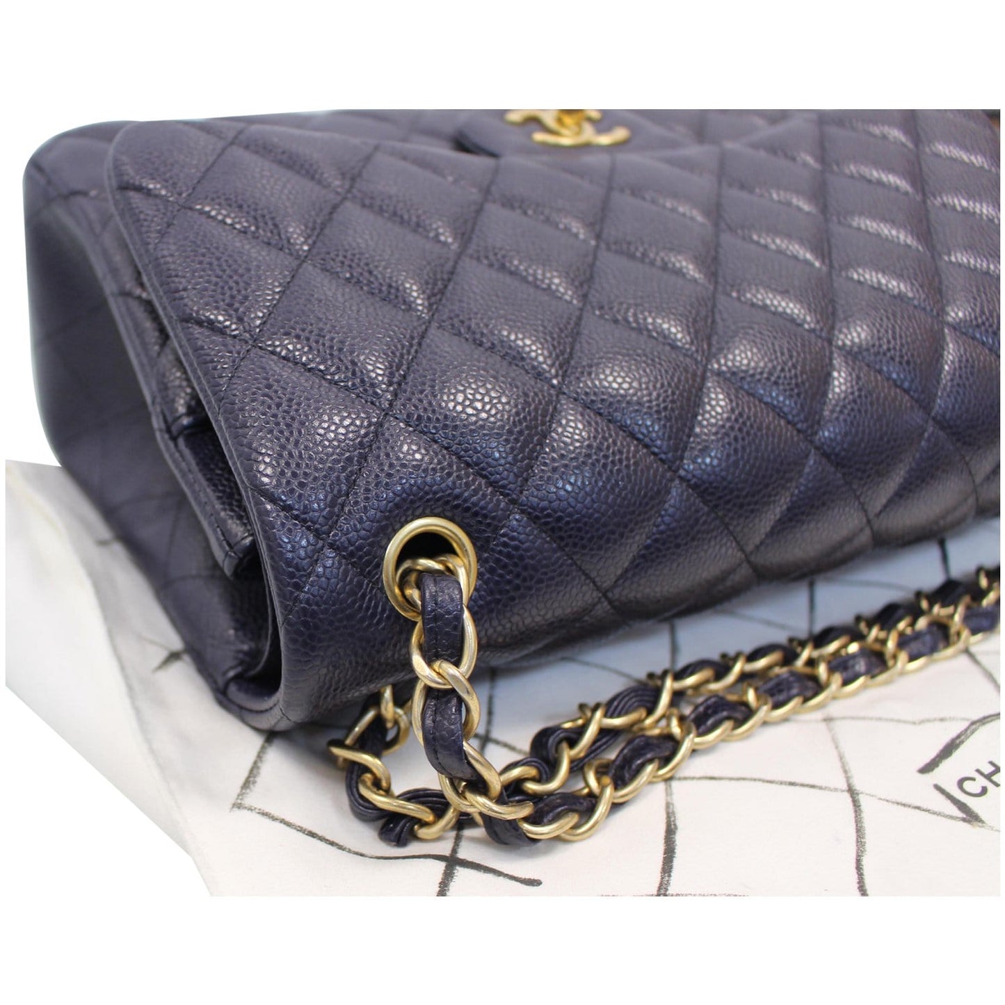CHANEL Jumbo Double Flap Caviar Leather Shoulder Bag Navy Blue