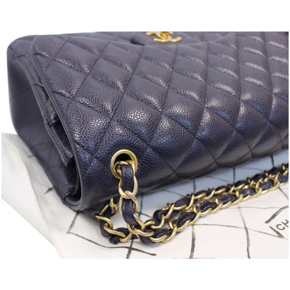 CHANEL Jumbo Double Flap Caviar Leather Shoulder Bag Navy Blue