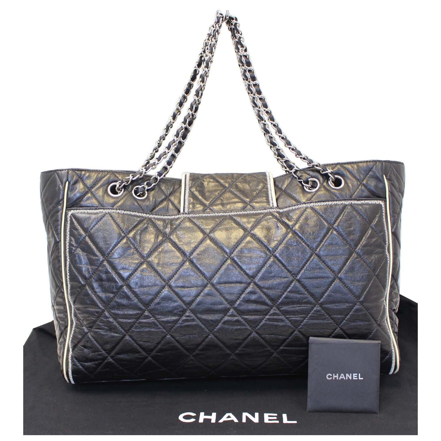 CHANEL East West Large Lambskin Quilted Leather Tote Shoulder Bag Black