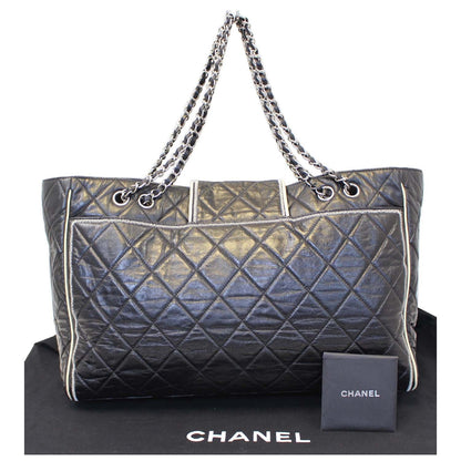 CHANEL East West Large Lambskin Quilted Leather Tote Shoulder Bag Black