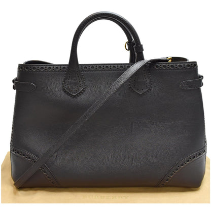 BURBERRY Large Banner Calfskin House Check Leather Tote Shoulder Bag Black