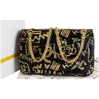 CHANEL Reissue 2.55 Flap Crocodile Embossed Graffiti Shoulder Bag Black