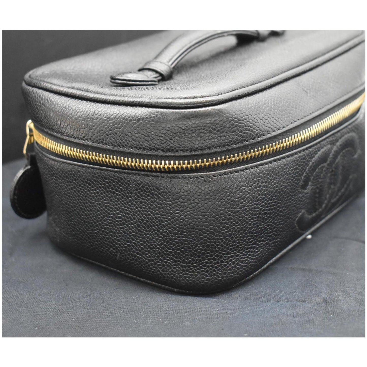CHANEL Vintage Vanity Case Leather Chain Cosmetic Bag Black