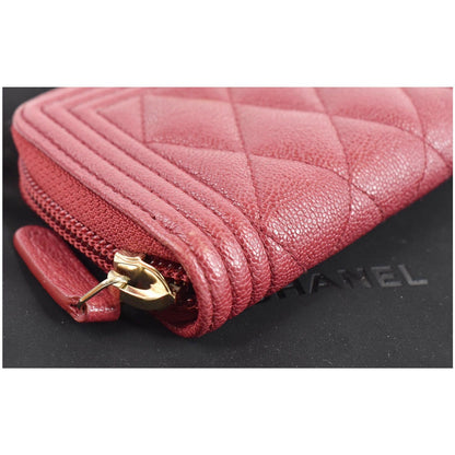 CHANEL Boy Zip Around Caviar Coin Purse Wallet Red
