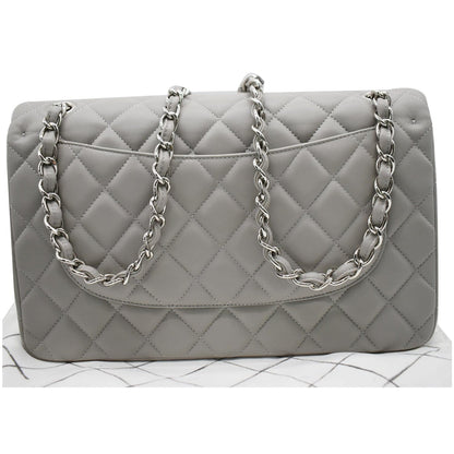 CHANEL Classic Jumbo Double Flap Lambskin Leather Shoulder Bag Grey