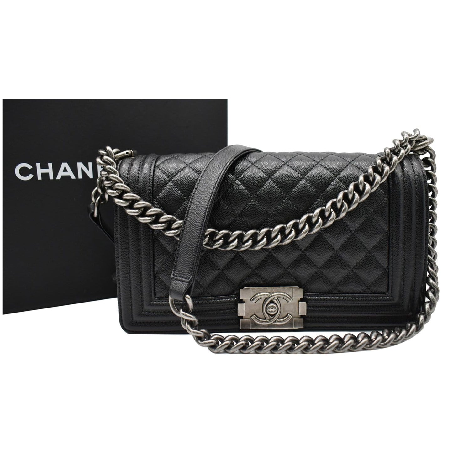 CHANEL Medium Boy Flap Caviar Leather Shoulder Bag Black