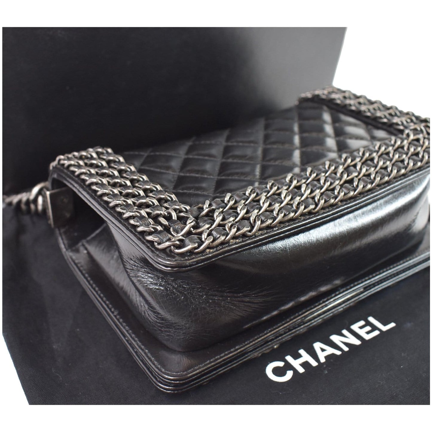 CHANEL Small Boy Embellished Chain Lambskin Shoulder Bag Black