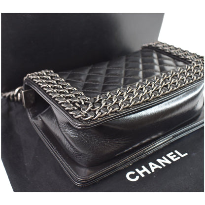 CHANEL Small Boy Embellished Chain Lambskin Shoulder Bag Black