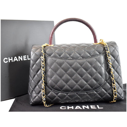 CHANEL Medium Coco Quilted Caviar Lizard Handle Shoulder Bag Black