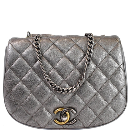 CHANEL Casual Pocket Flap Caviar Messenger Shoulder Bag Silver