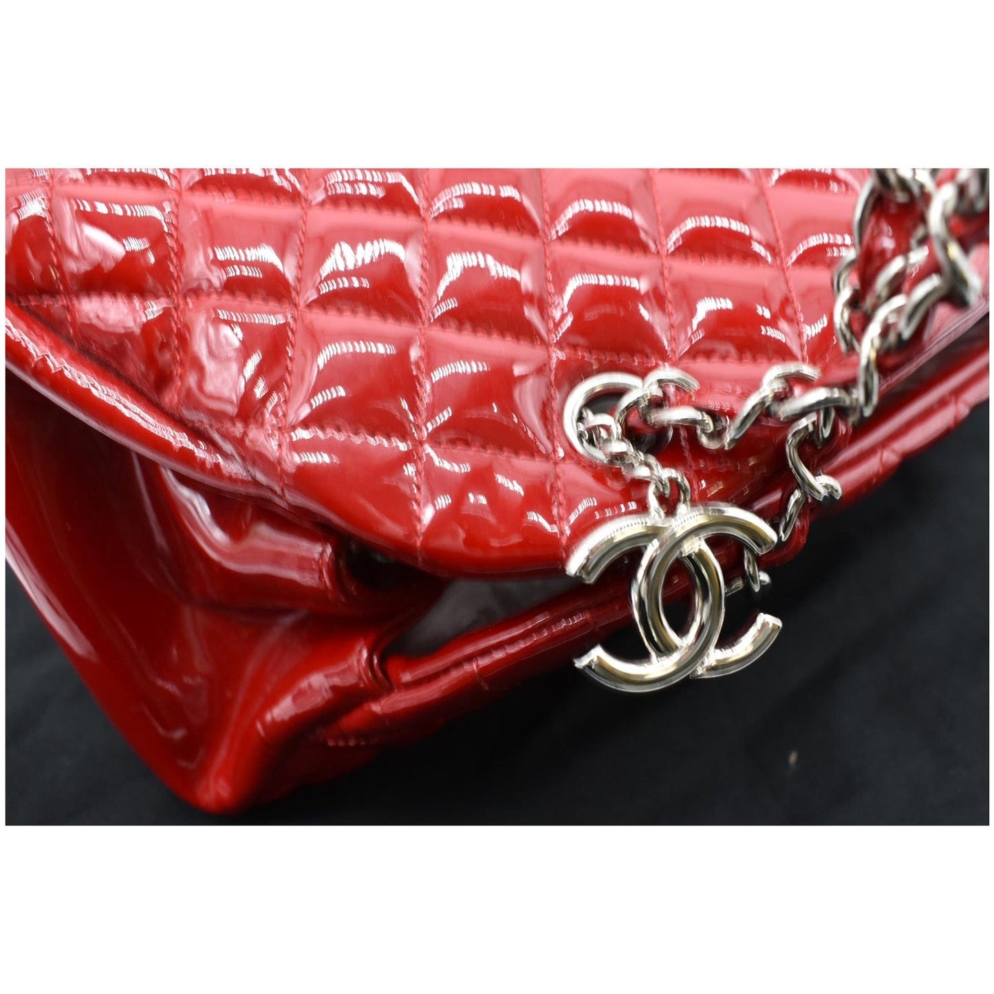 CHANEL Just Mademoiselle Patent Leather Bowling Bag Red