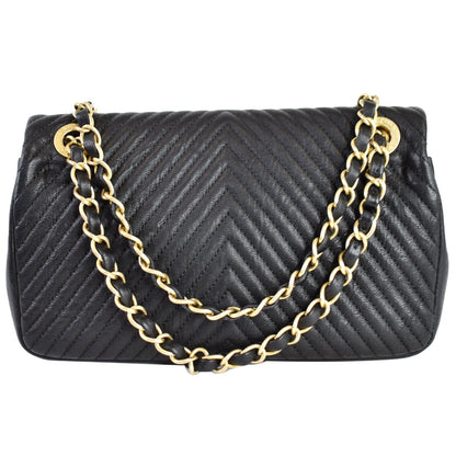 CHANEL Surpique Chevron Calfskin Classic Flap Shoulder Bag Black