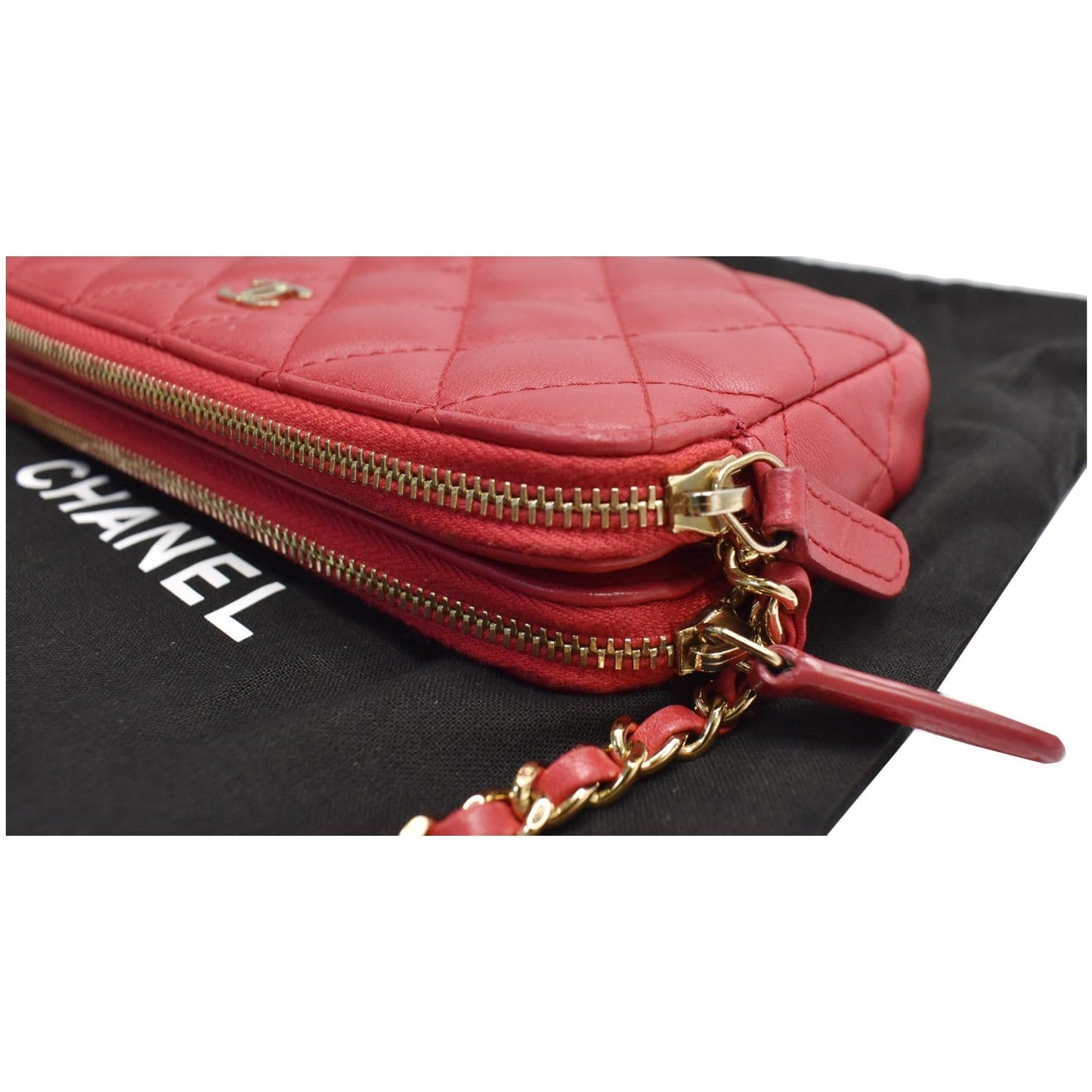 CHANEL Double Zip Wallet On Chain WOC Lambskin Shoulder Bag Red