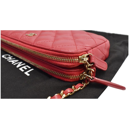 CHANEL Double Zip Wallet On Chain WOC Lambskin Shoulder Bag Red