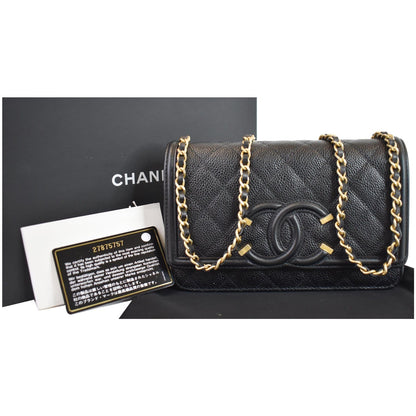 CHANEL CC Filigree Small Flap Caviar Leather Shoulder Bag Black