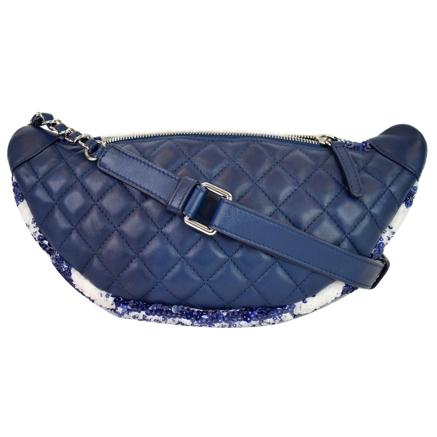 CHANEL Sequin Fanny Pack Leather Waist Bag Blue/White