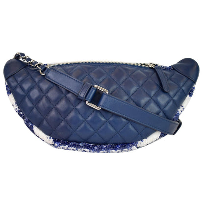 CHANEL Sequin Fanny Pack Leather Waist Bag Blue/White