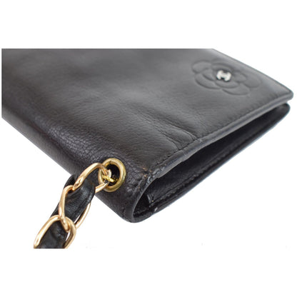 CHANEL Camellia Leather Wallet on Chain Shoulder Bag Black