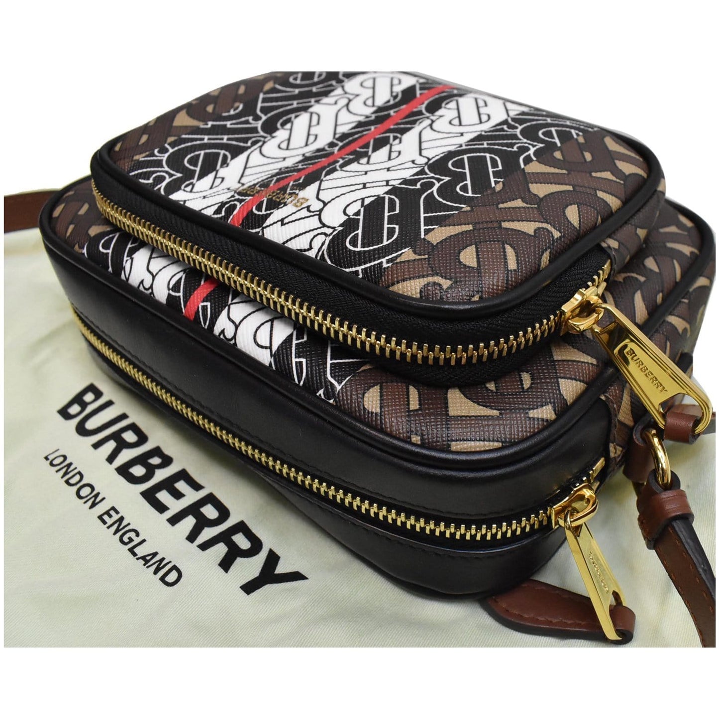 BURBERRY Bridle Stripe Small Monogram E-Canvas Camera Bag Brown