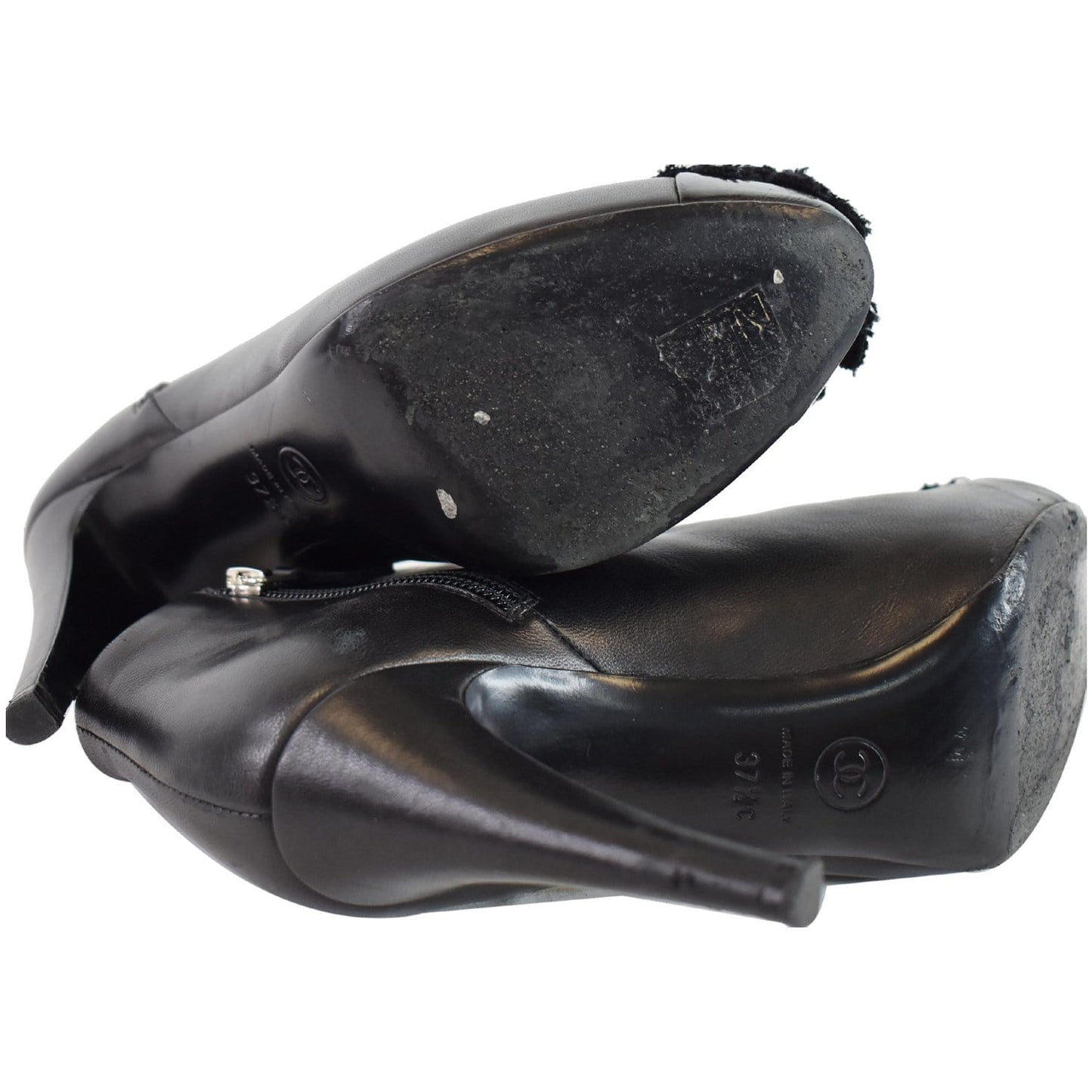 CHANEL Camellia Front Ankle Leather Heel Boots Black US 7.5