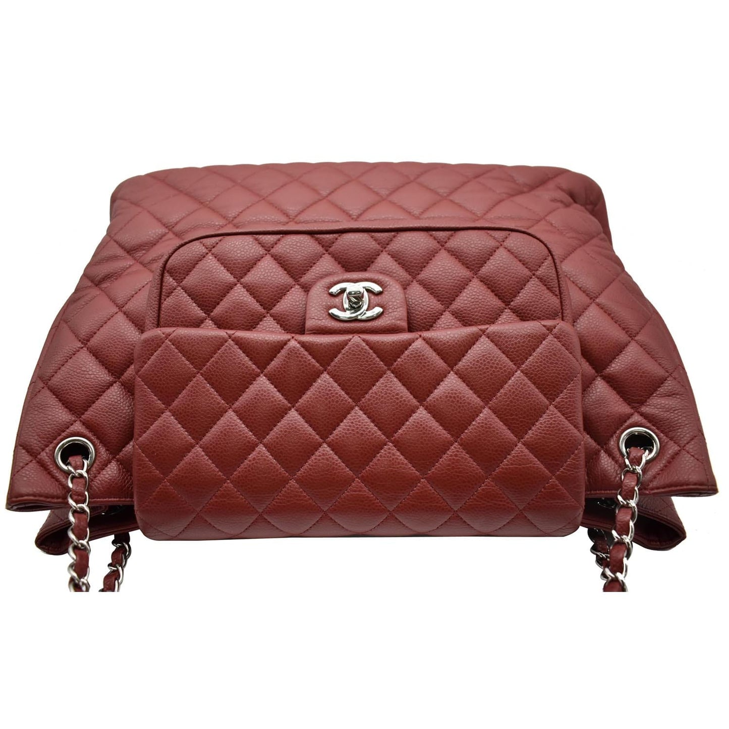 CHANEL Front Flap Pocket Quilted Caviar Leather Tote Shoulder Bag Red- 20% OFF