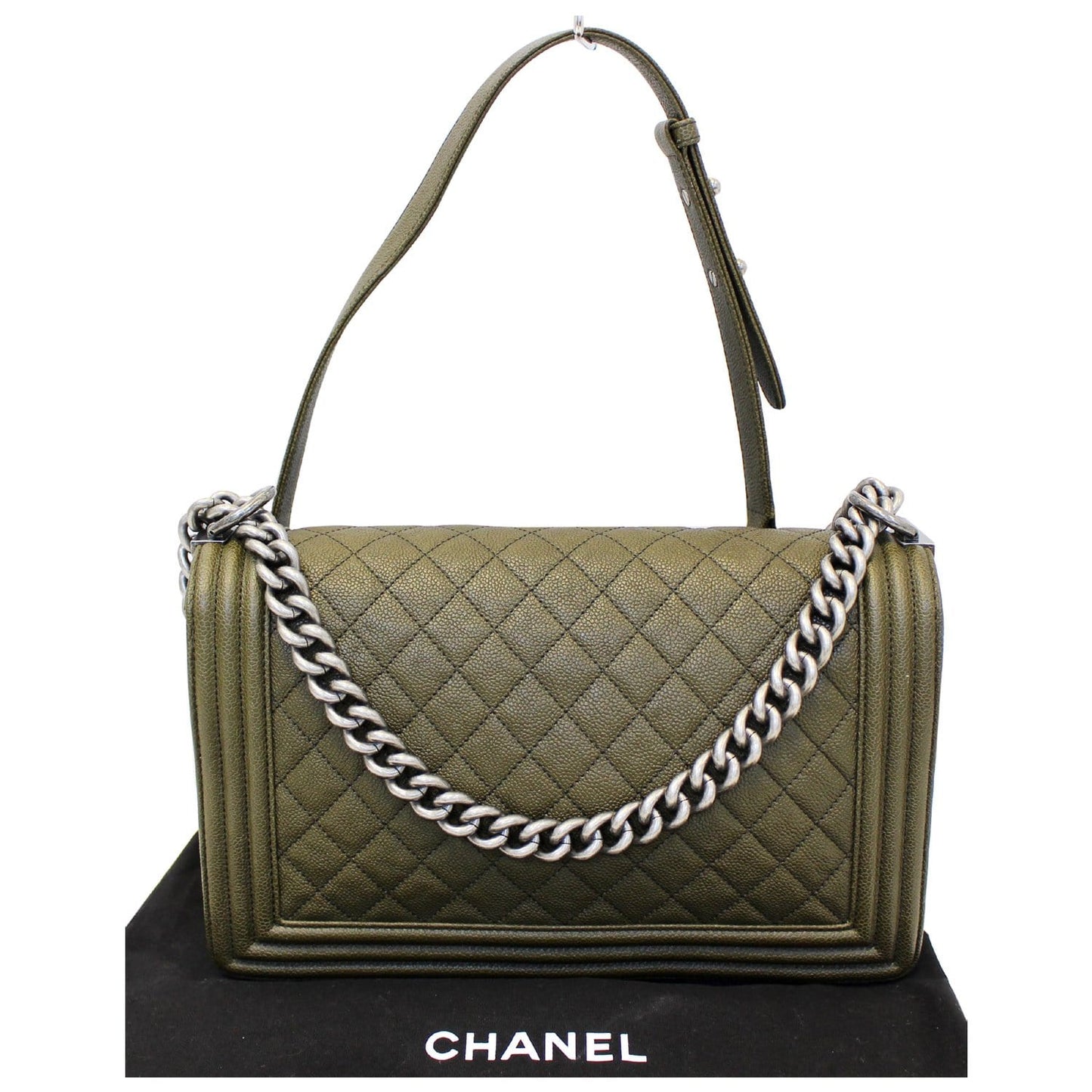 CHANEL Medium Boy Flap Caviar Leather Shoulder Bag Olive Green