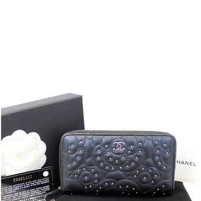 CHANEL Camellia Long Zippy studded Wallet Black