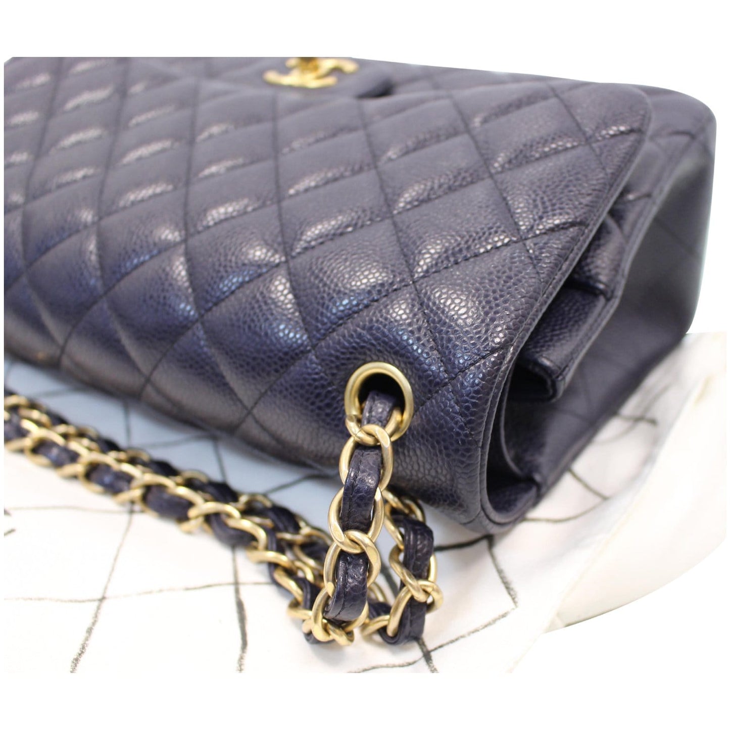 CHANEL Jumbo Double Flap Caviar Leather Shoulder Bag Navy Blue