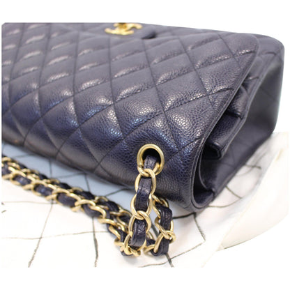 CHANEL Jumbo Double Flap Caviar Leather Shoulder Bag Navy Blue