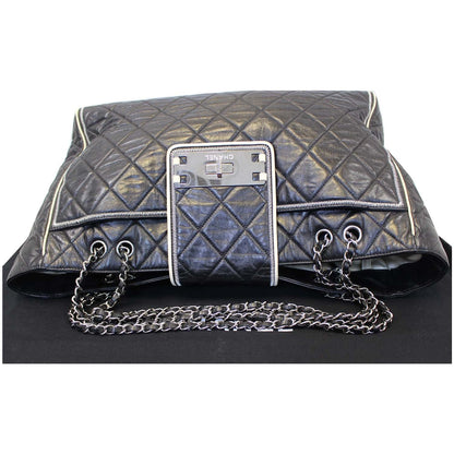 CHANEL East West Large Lambskin Quilted Leather Tote Shoulder Bag Black