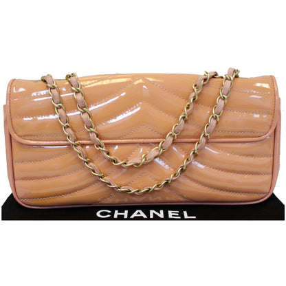 CHANEL Patent Leather Flap Shoulder Bag Peach