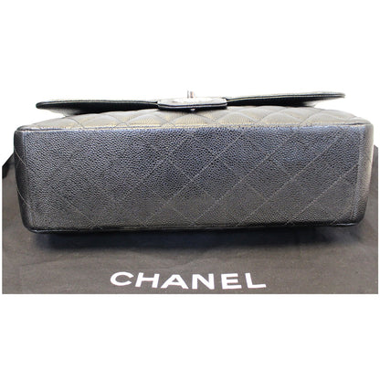 CHANEL Maxi Caviar Leather Jumbo Double Flap Shoulder Bag Black