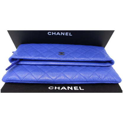 CHANEL Foldover Quilted Caviar Leather Clutch Bag Blue