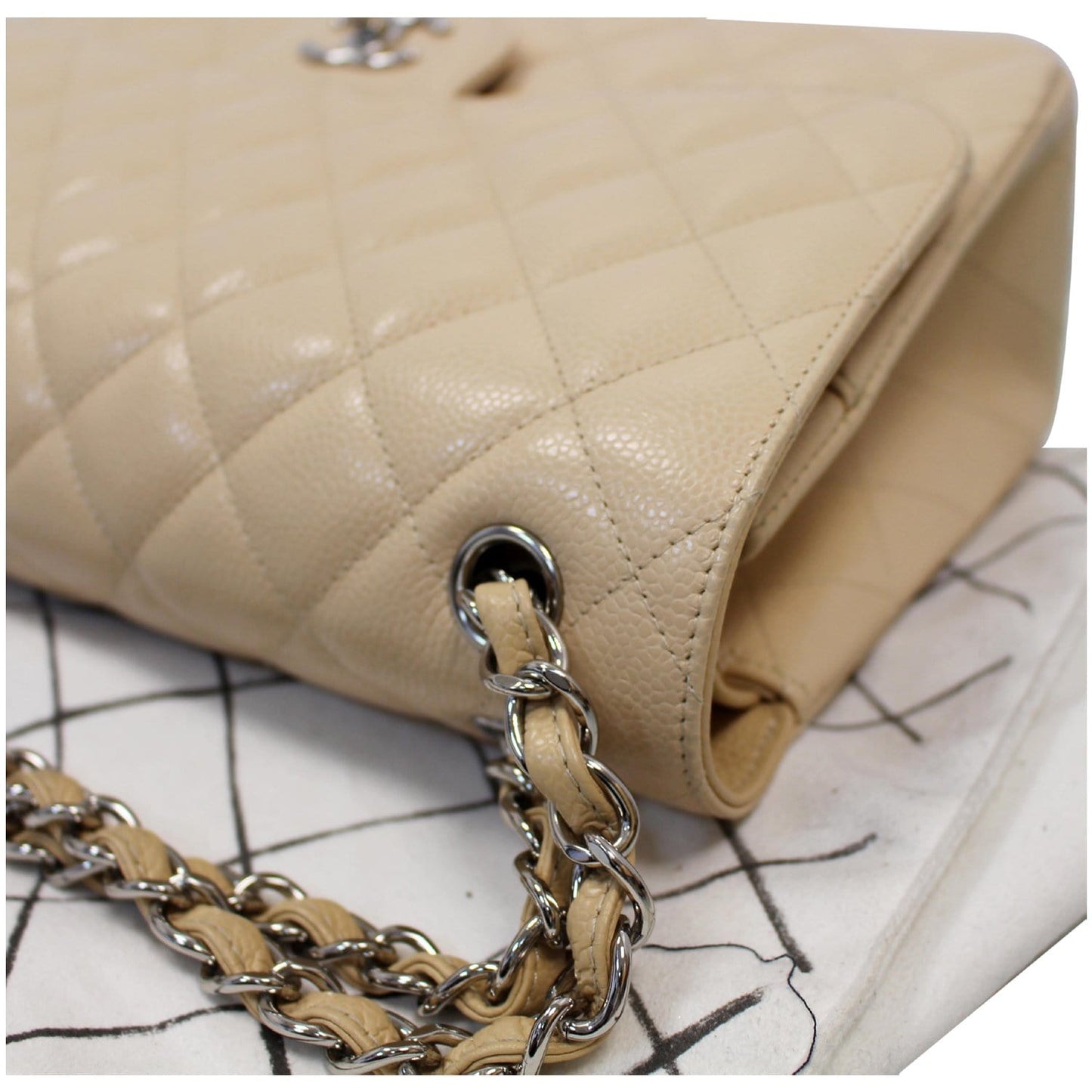 CHANEL Jumbo Double Flap Caviar Leather Shoulder Bag Beige
