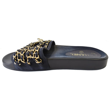 CHANEL Tropiconic Chain Fabric Mules Slides Sandals Black US 8