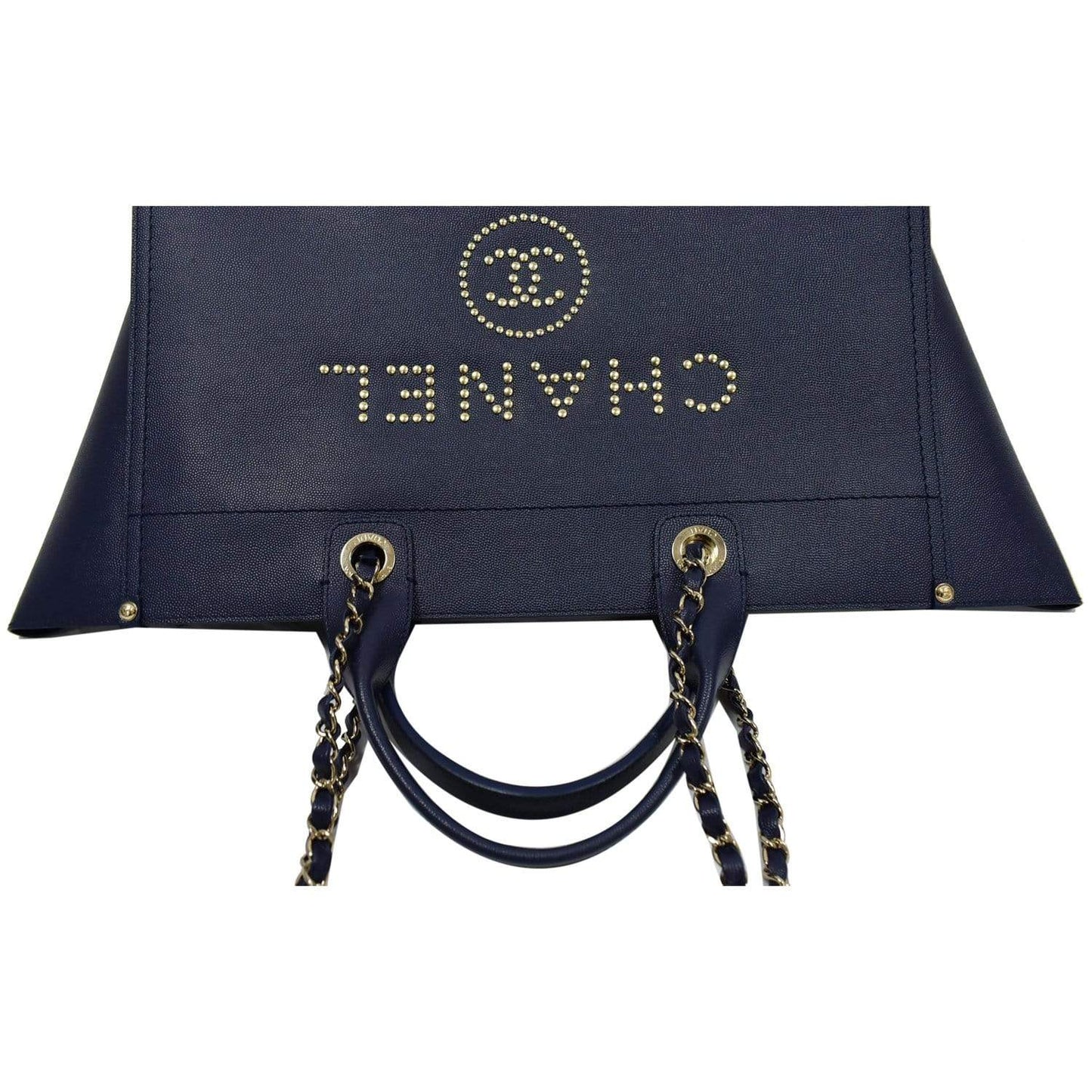 CHANEL Deauville Studded Caviar Tote Shoulder Bag Blue