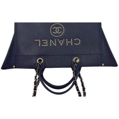 CHANEL Deauville Studded Caviar Tote Shoulder Bag Blue
